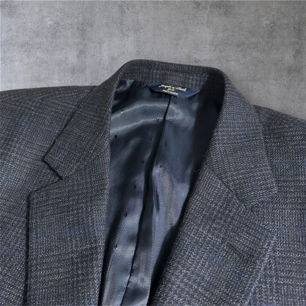 JOSEPH & FEISS Mens Blazer 44L WOOL Navy Sport Coat Two Button Jacket Windowpane